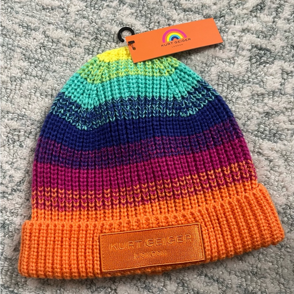 NWT Kurt Geiger London Rainbow Knit Beanie Hat Toque OS
